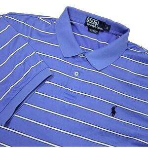 Vintage Polo Ralph Lauren Mens Large Blue White Striped Stretch Knit Pima Cotton